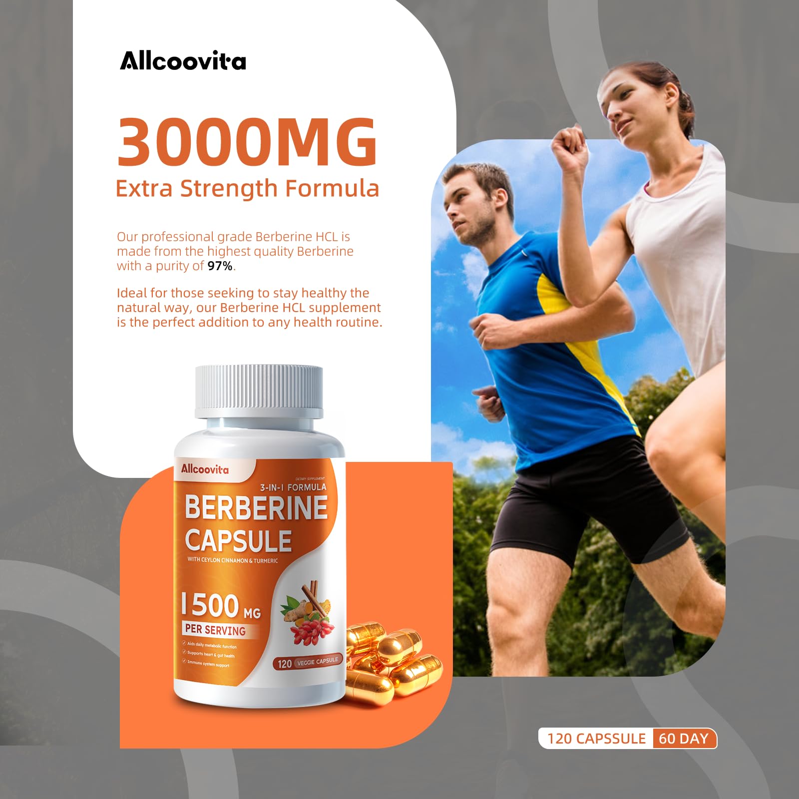 Allcoovita Berberine with True Ceylon Cinnamon on packaging for enhanced absorption.