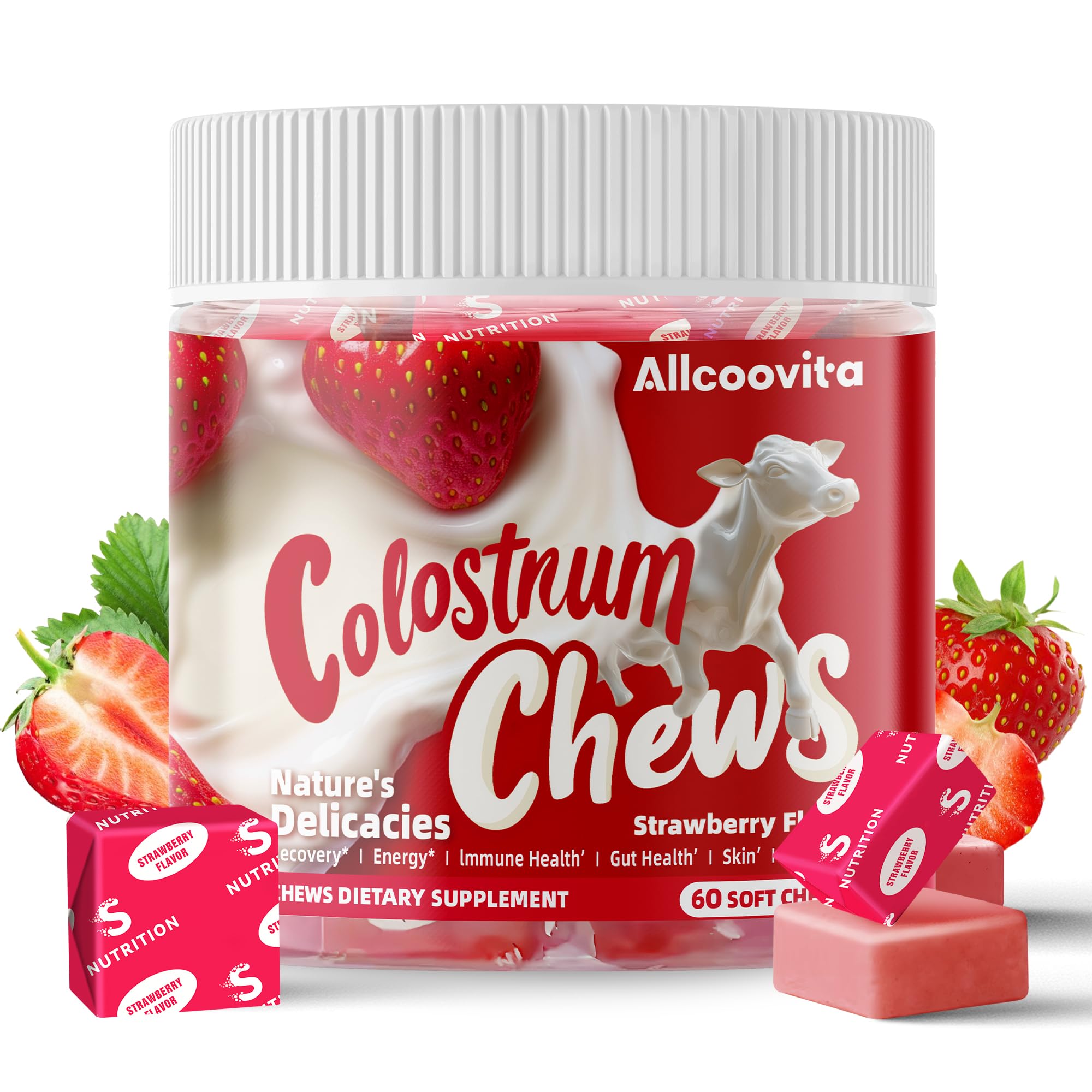 Allcoovita Bovine Colostrum Chews bottle front, strawberry flavor for daily vitality