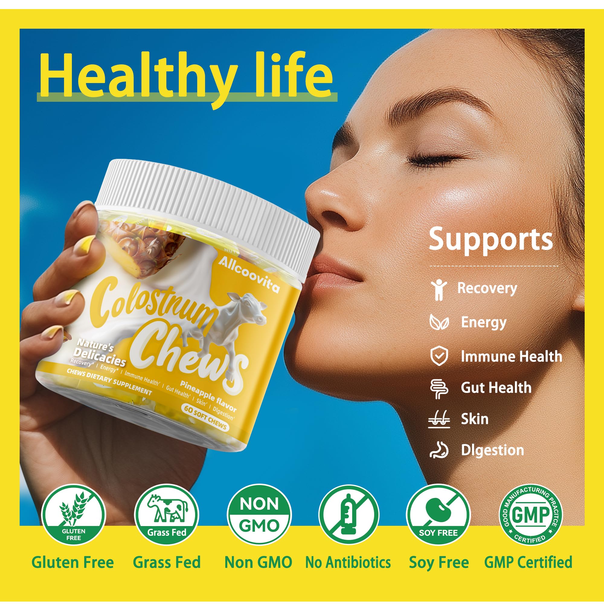 Allcoovita bovine colostrum chews pineapple bottle with probiotics seal