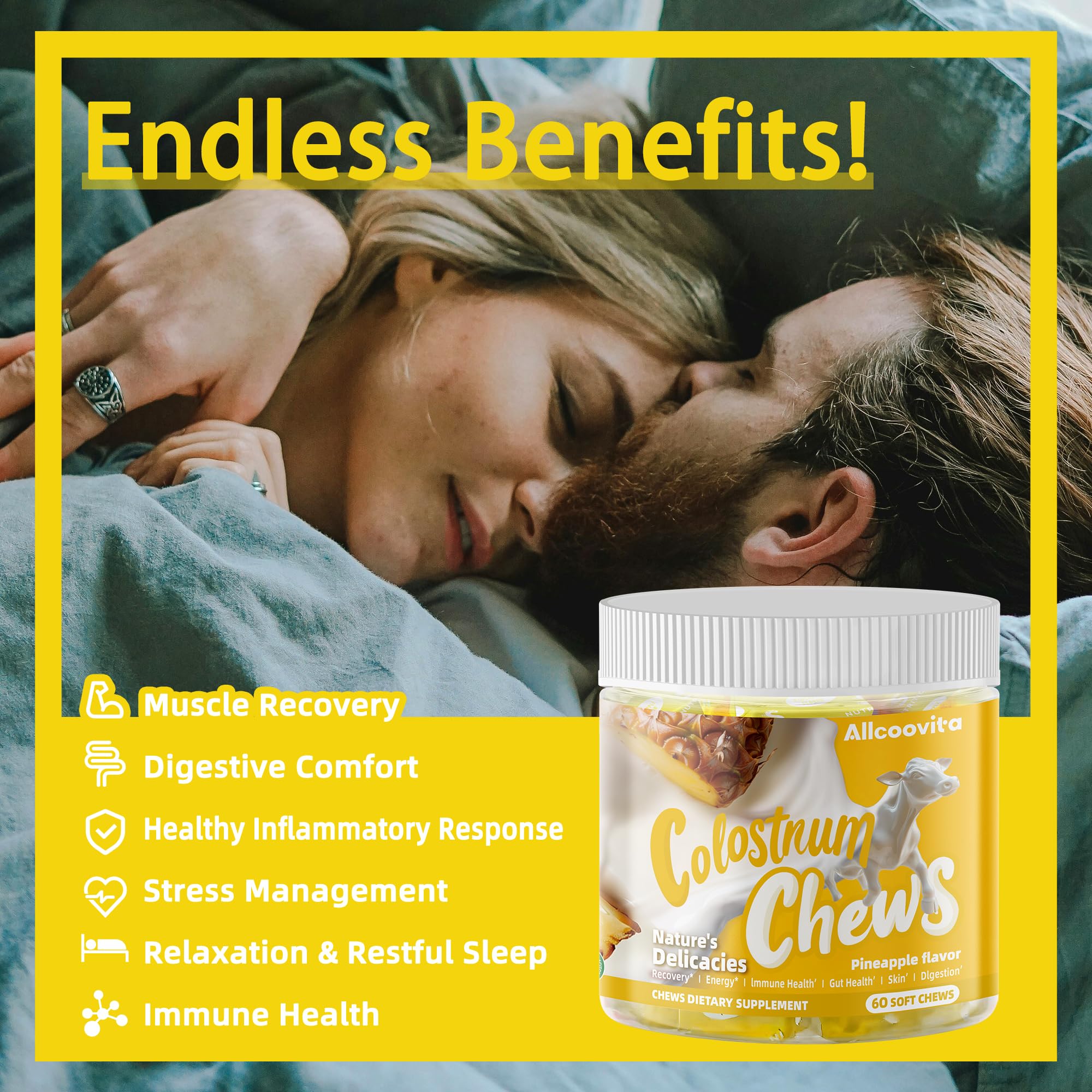 Allcoovita bovine colostrum chews pineapple bottle beside mirror, skincare synergy