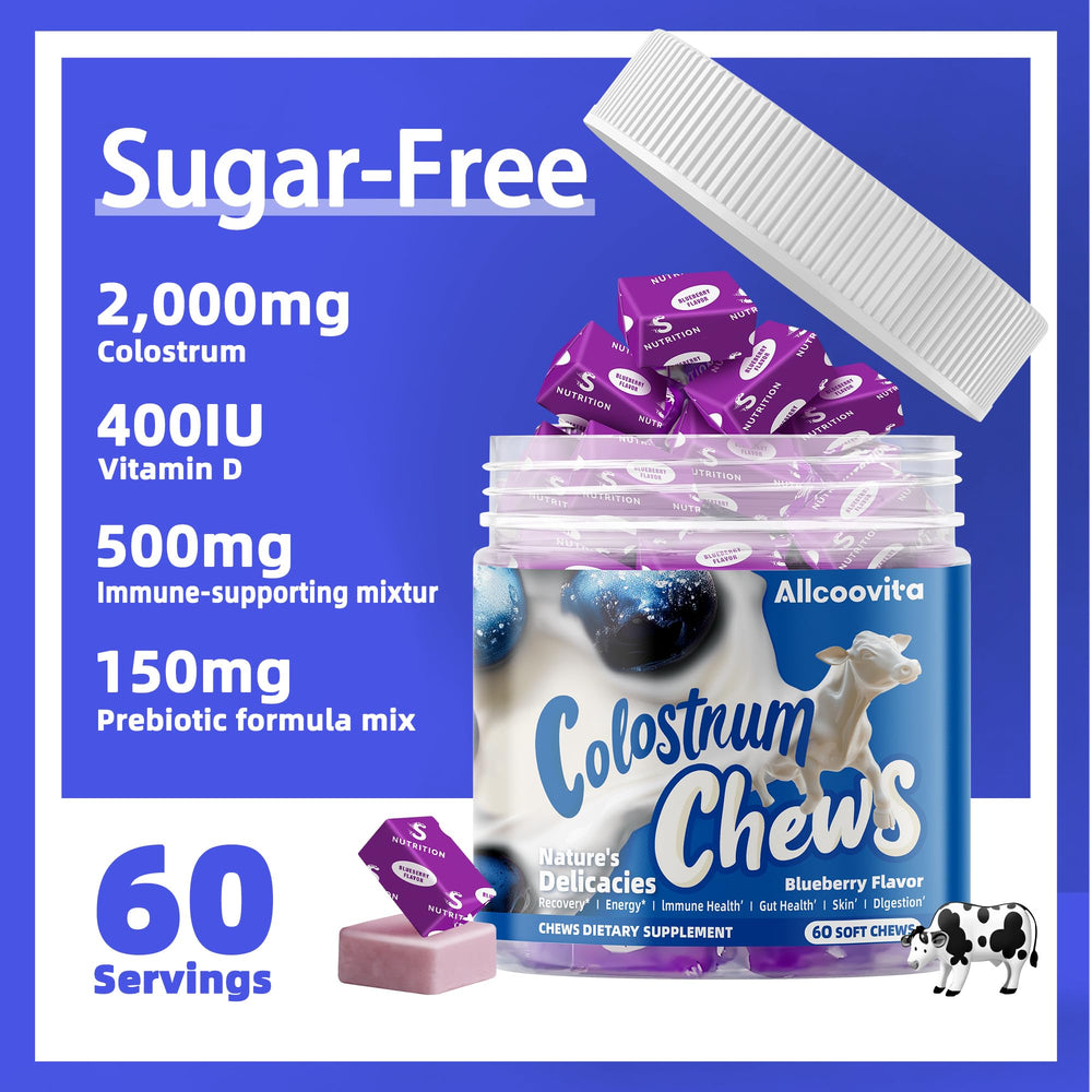 Allcoovita Colostrum Chews blueberry closeup emphasizes tasty daily bite.