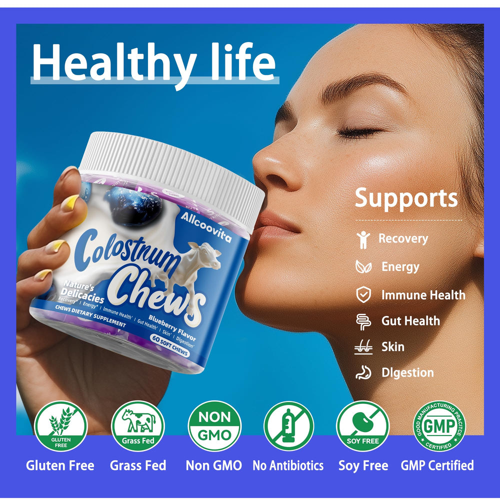 Allcoovita Colostrum Chews on-the-go pouch for easy daily consumption.