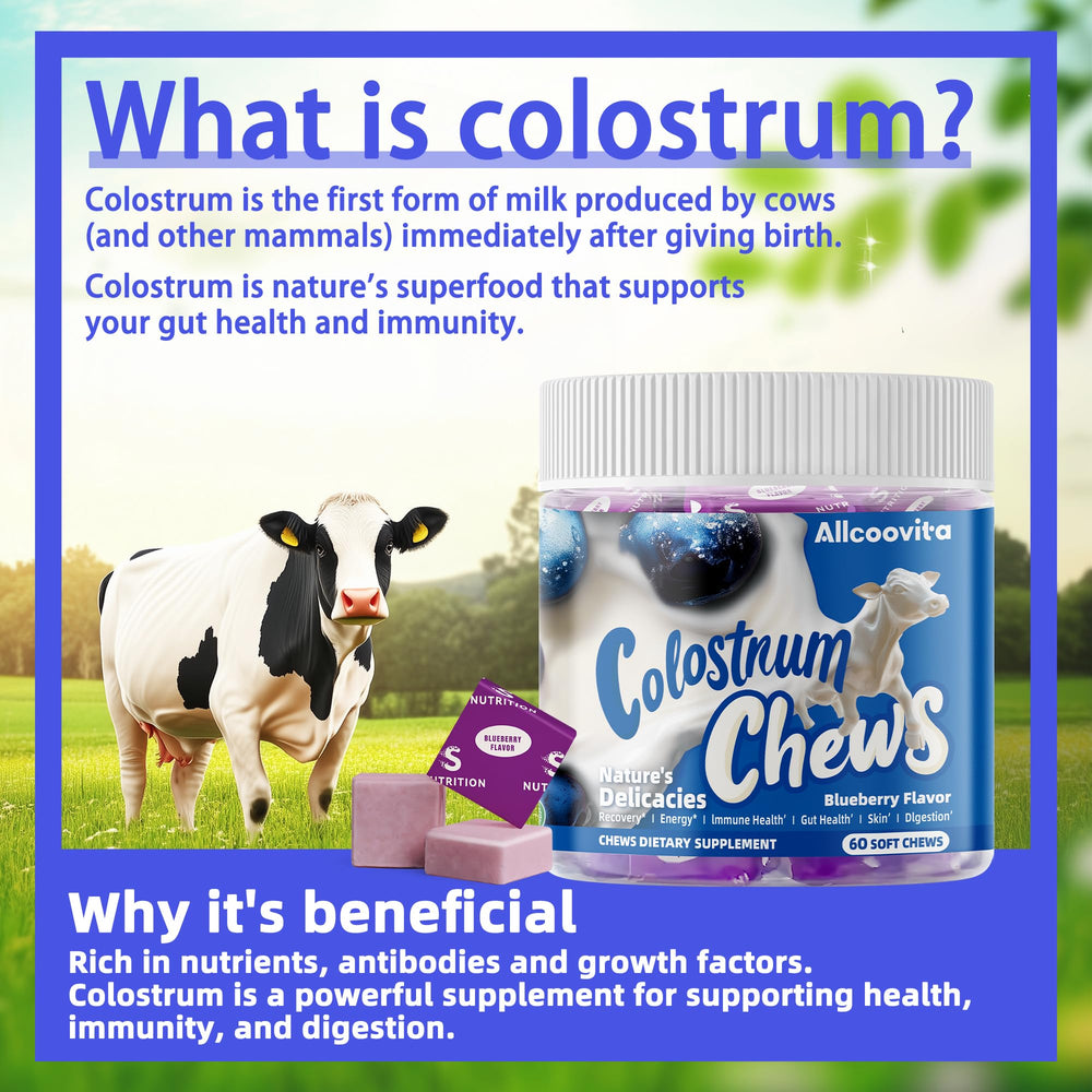 Allcoovita Colostrum Chews packaging highlights gluten-free probiotic blend.