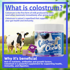 Allcoovita Colostrum Chews packaging highlights gluten-free probiotic blend.