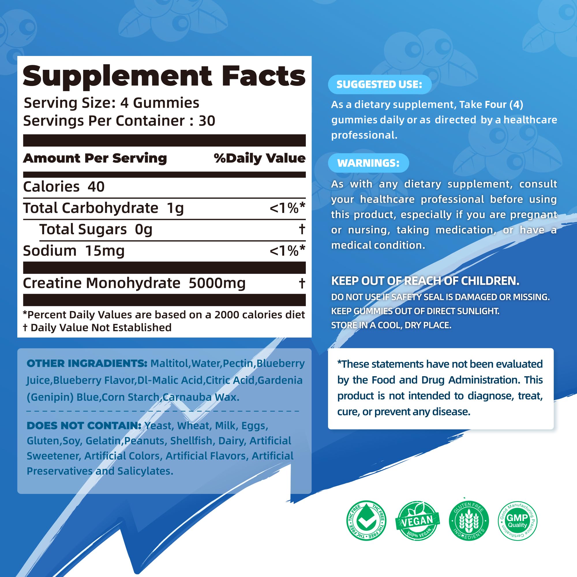 Allcoovita Creatine Gummies bottle back with ingredients and certifications.