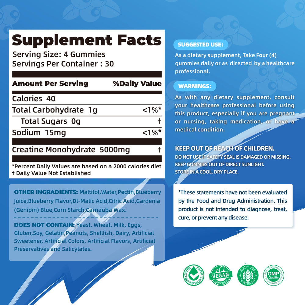 Allcoovita Creatine Gummies bottle back with ingredients and certifications.