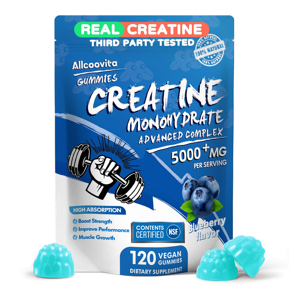Allcoovita Creatine Gummies bottle front showing high-potency 5000mg per serving for workouts.