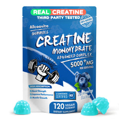 Allcoovita Creatine Gummies bottle front showing high-potency 5000mg per serving for workouts.