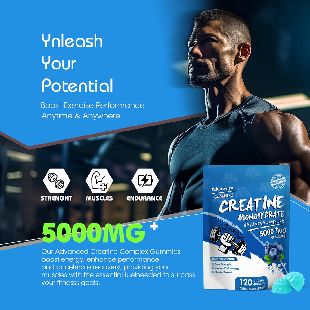 Texture and color close-up of Allcoovita Creatine Gummy with blue notes.