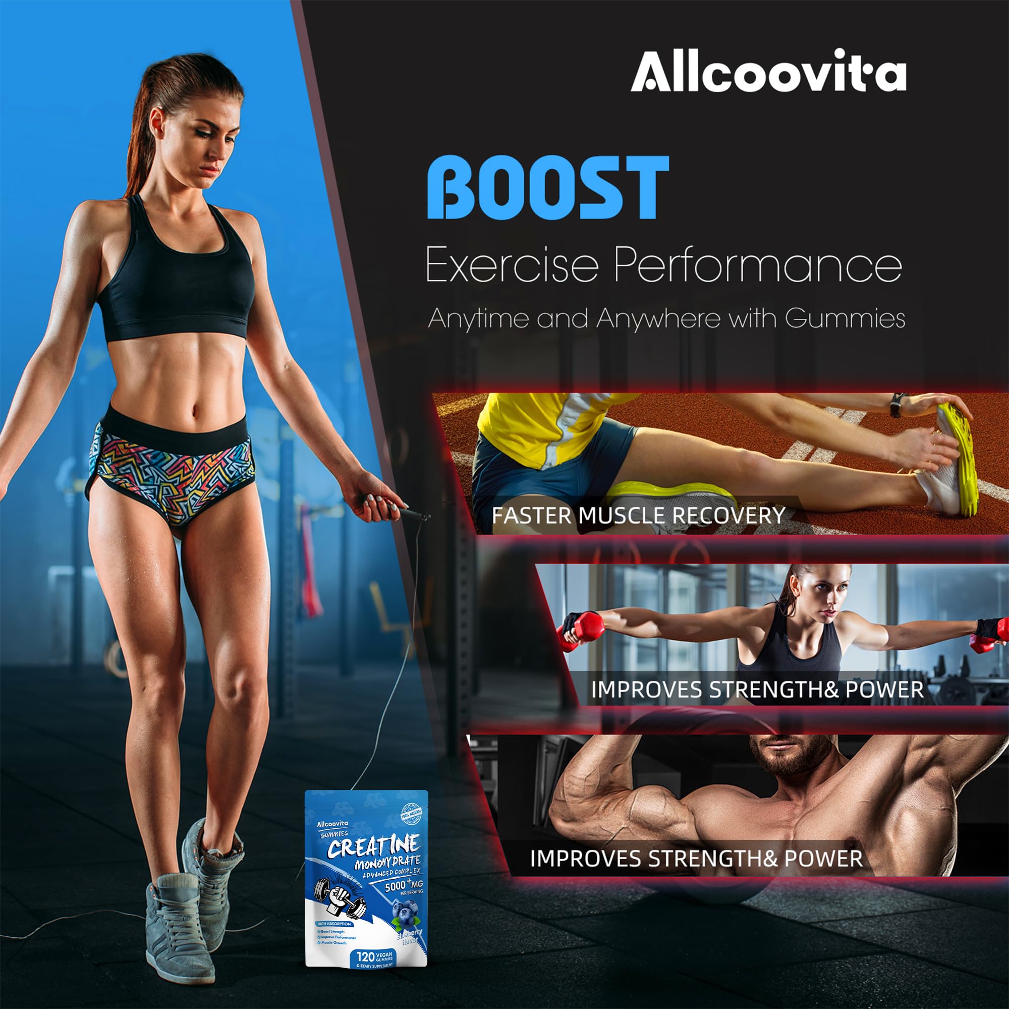 Blueberry flavor highlight of Allcoovita Creatine Gummies in focus.