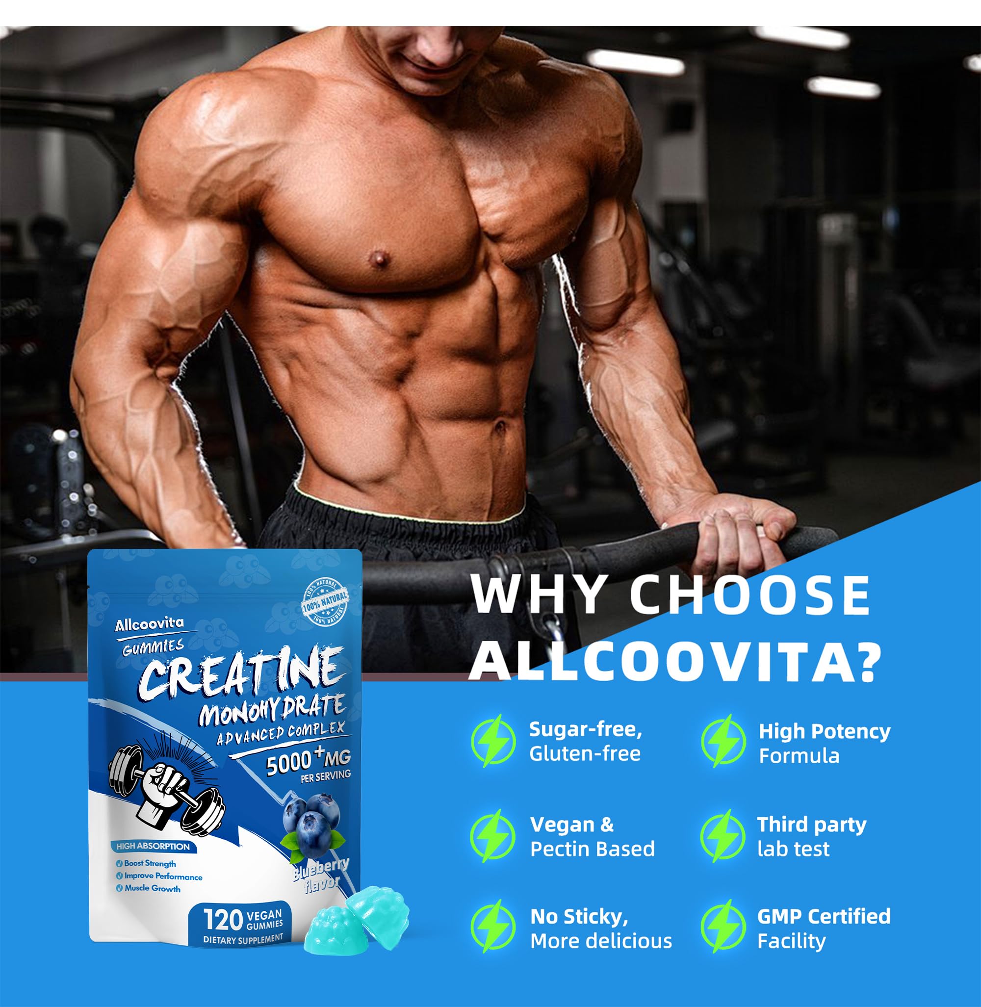 Label close-up showing ingredients and certifications on Allcoovita Creatine Gummy bottle.