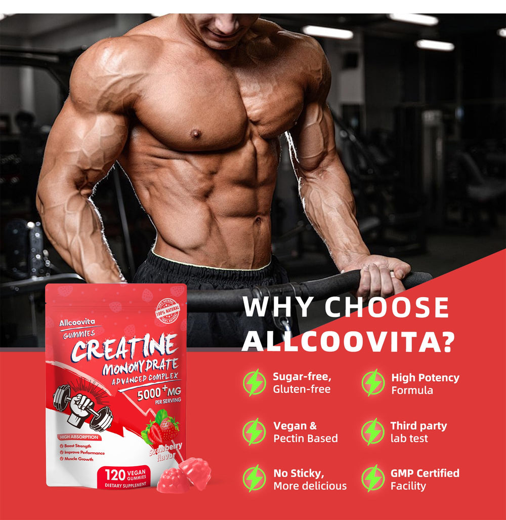 Allcoovita Creatine Gummy label NSF certified for trusted quality.