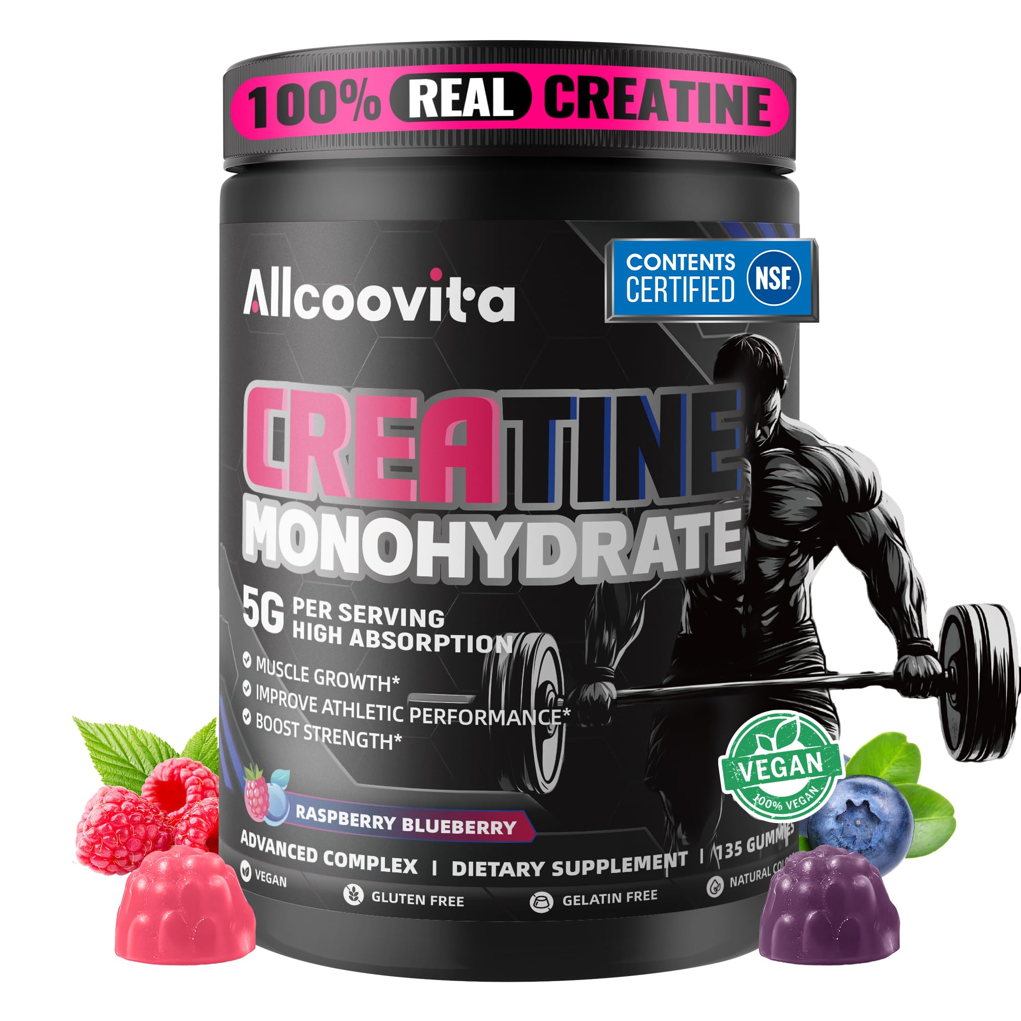 Allcoovita creatine gummy bottle with raspberry-blueberry flavor and 5g dose