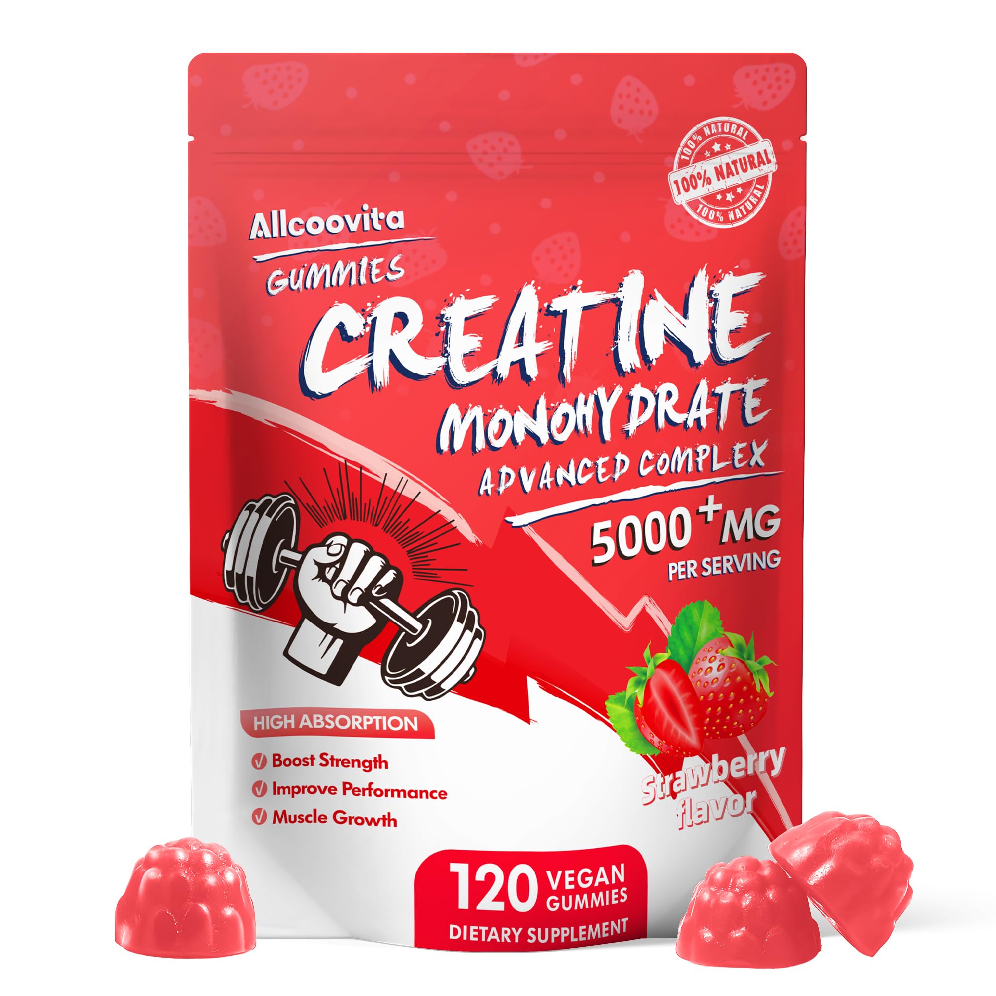 Allcoovita Creatine Gummy strawberry flavor—taste-friendly pre-workout option.