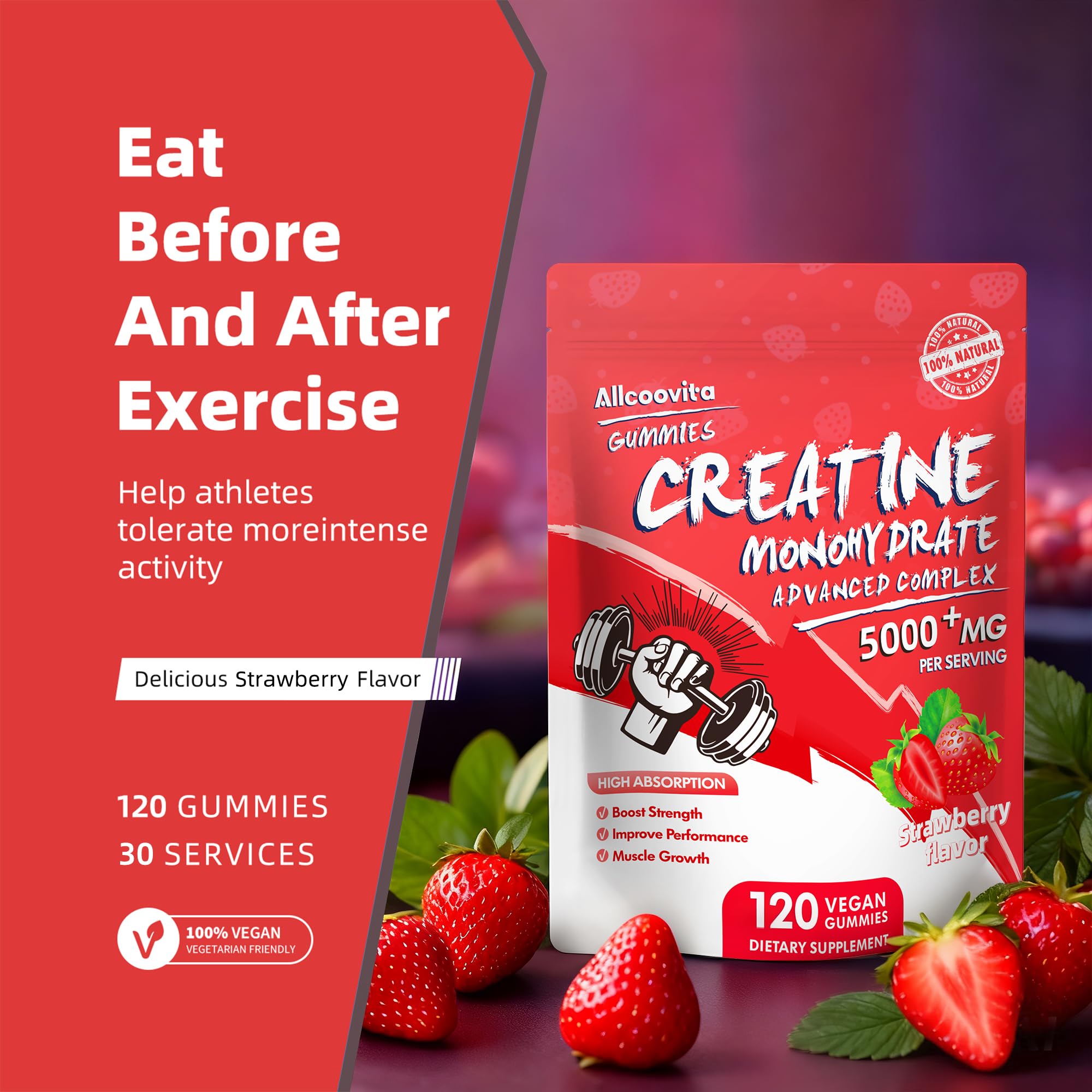 Allcoovita Creatine Gummy texture closeup with strawberry flavor.