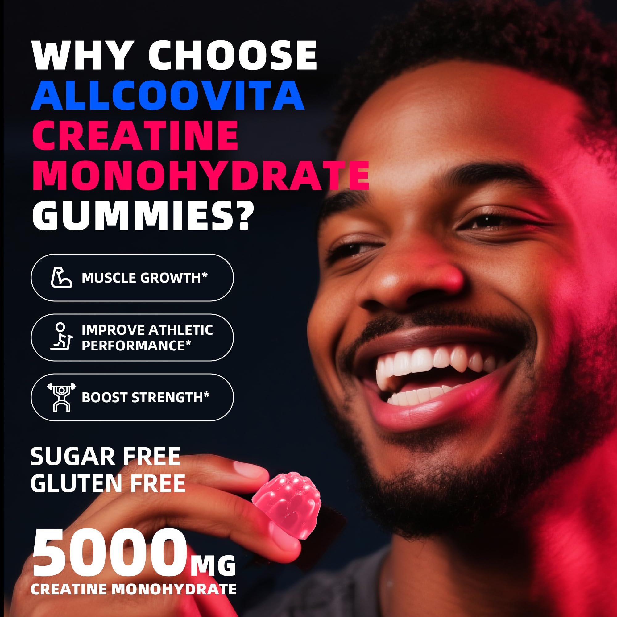 Allcoovita creatine gummy on a workout scene suggesting performance support