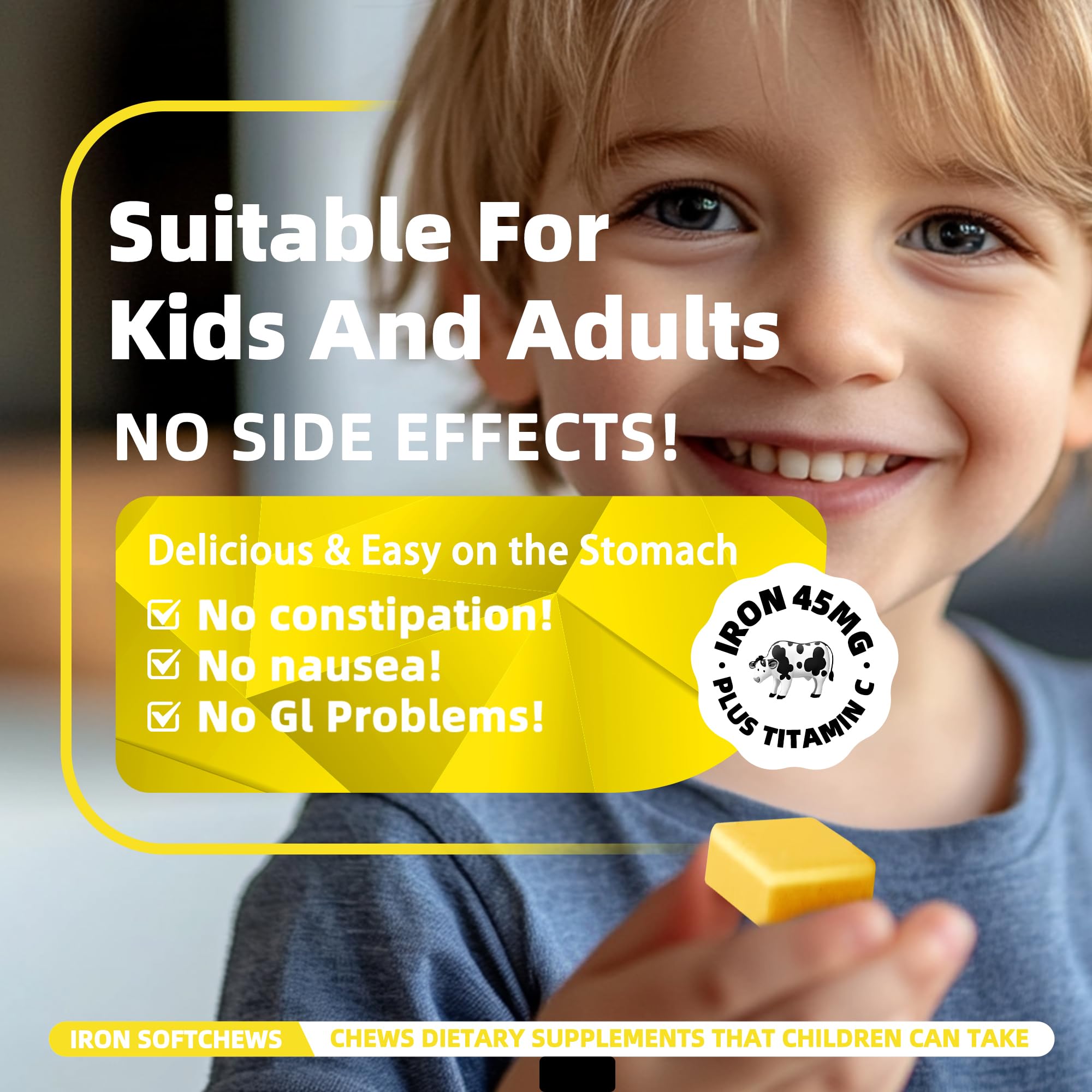 Allcoovita Iron Soft Chews 60-Count Bottle Closeup: convenient, gluten-free option for households.