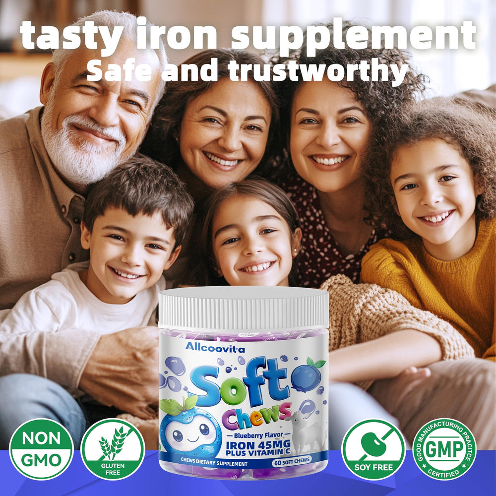 Allcoovita Iron Soft Chews blueberry bottle back, gluten-free daily use information.