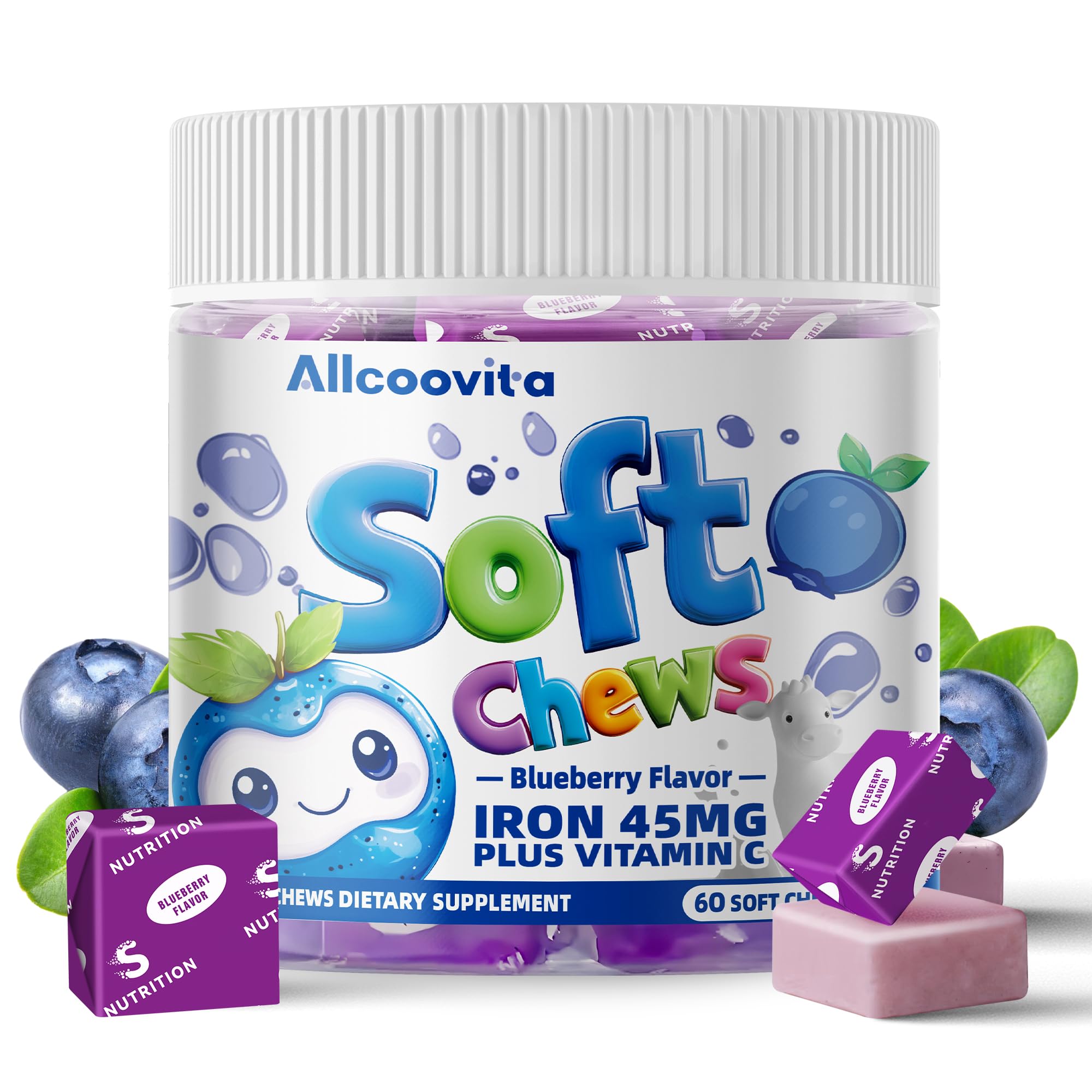 Allcoovita Iron Soft Chews blueberry bottle front, tasty iron support for daily energy.