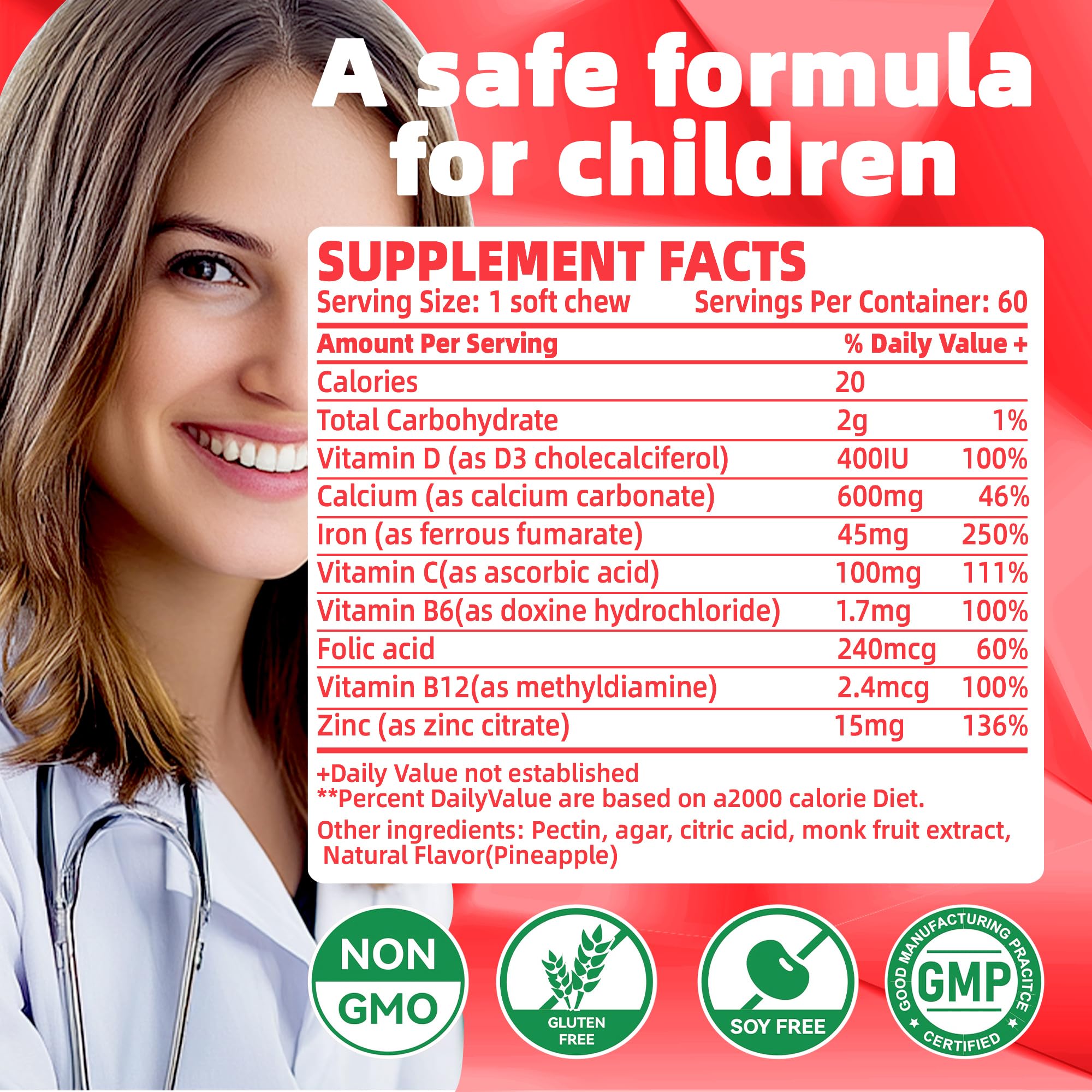 Allcoovita Iron Soft Chews ingredient label shows iron and Vitamin C.