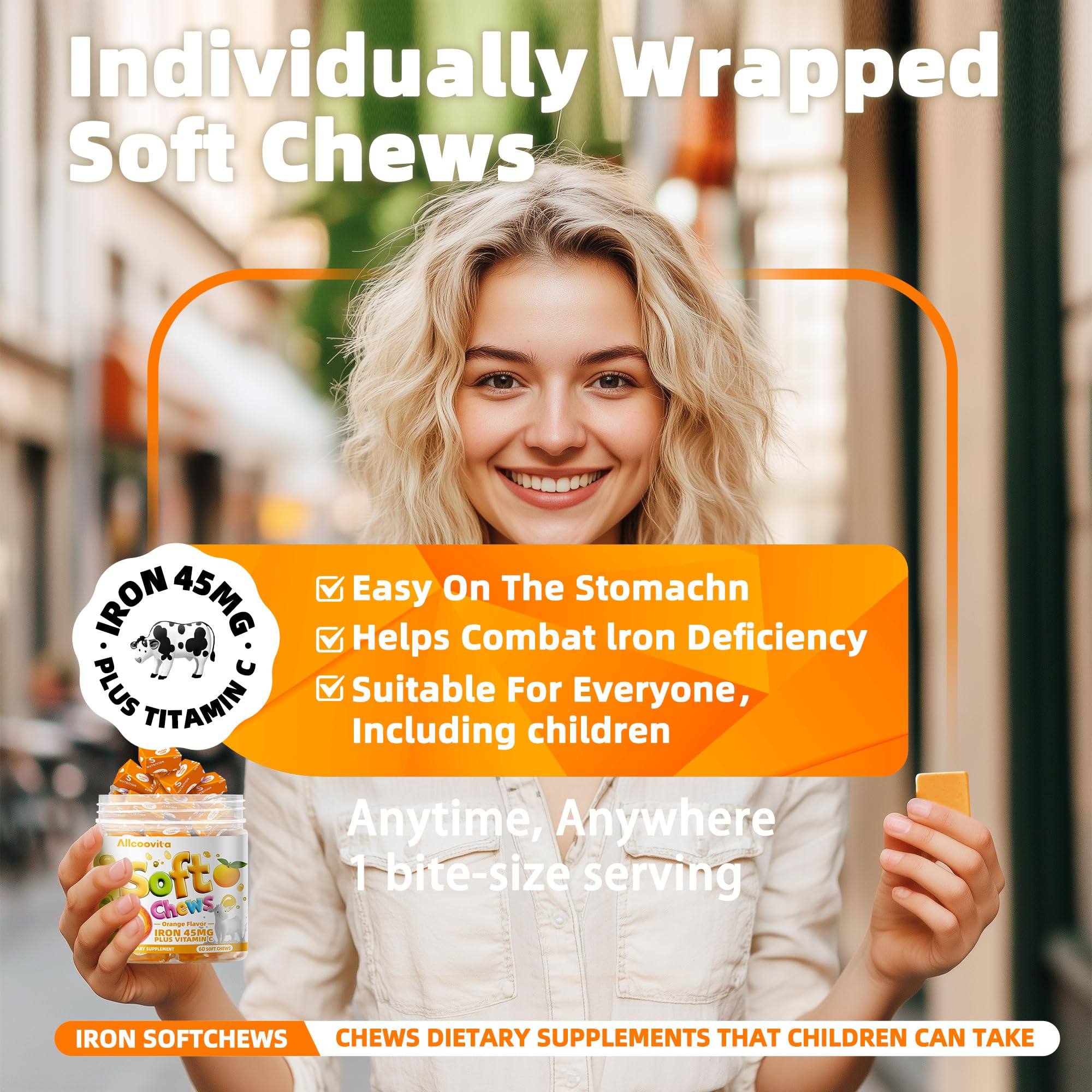 Allcoovita Iron Soft Chews on-the-go use, easy daily iron with vitamin C.