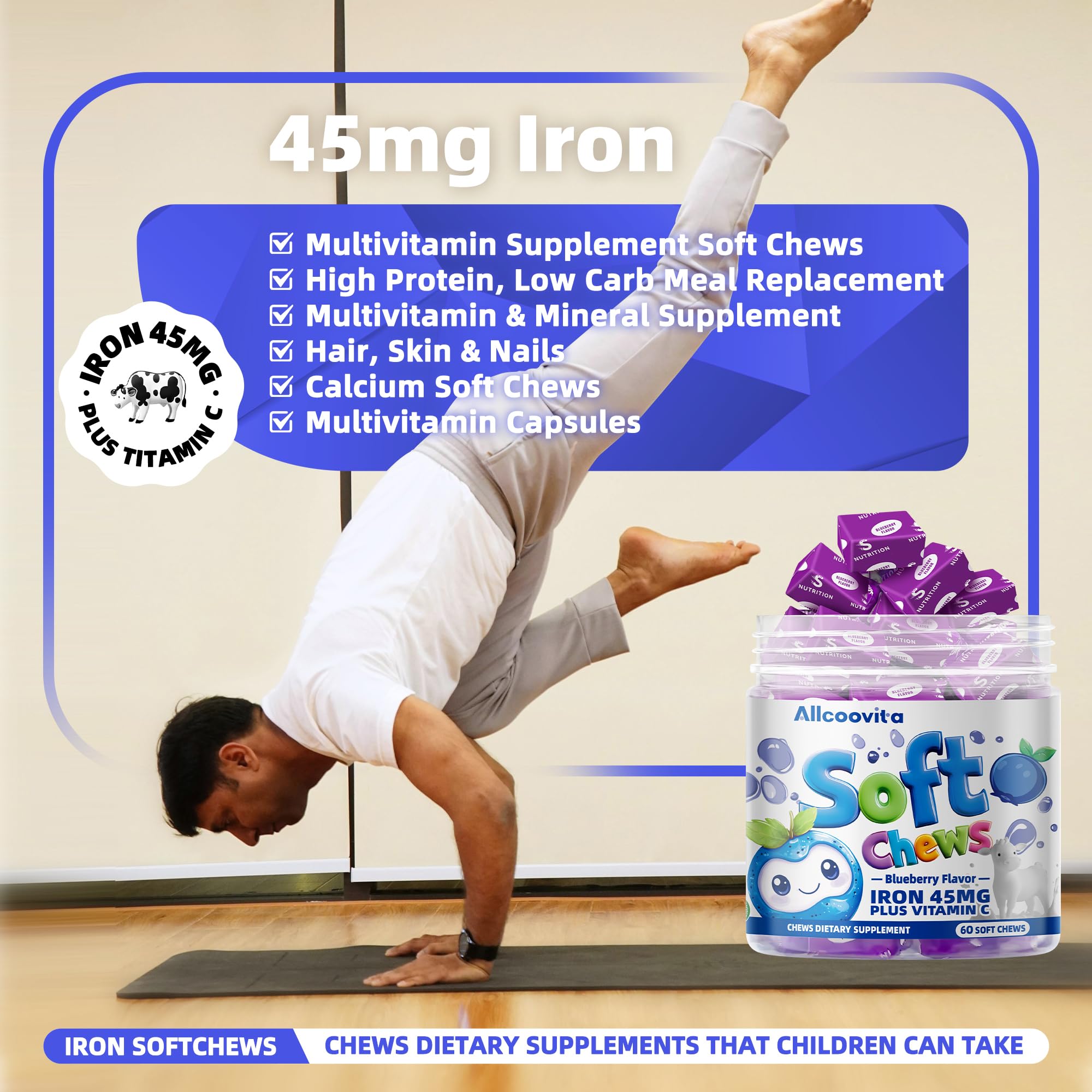On-the-go wrap, Allcoovita Iron Soft Chews for busy schedules.