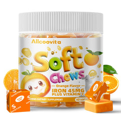 Allcoovita Iron Soft Chews orange pack front, convenient daily energy support.