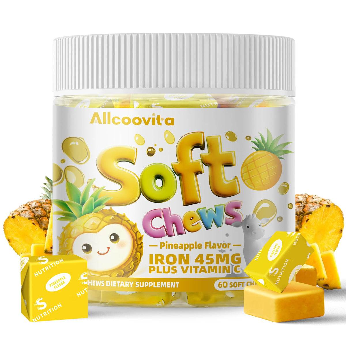 Allcoovita Iron Soft Chews Pineapple Bottle: tasty daily iron for energy support.