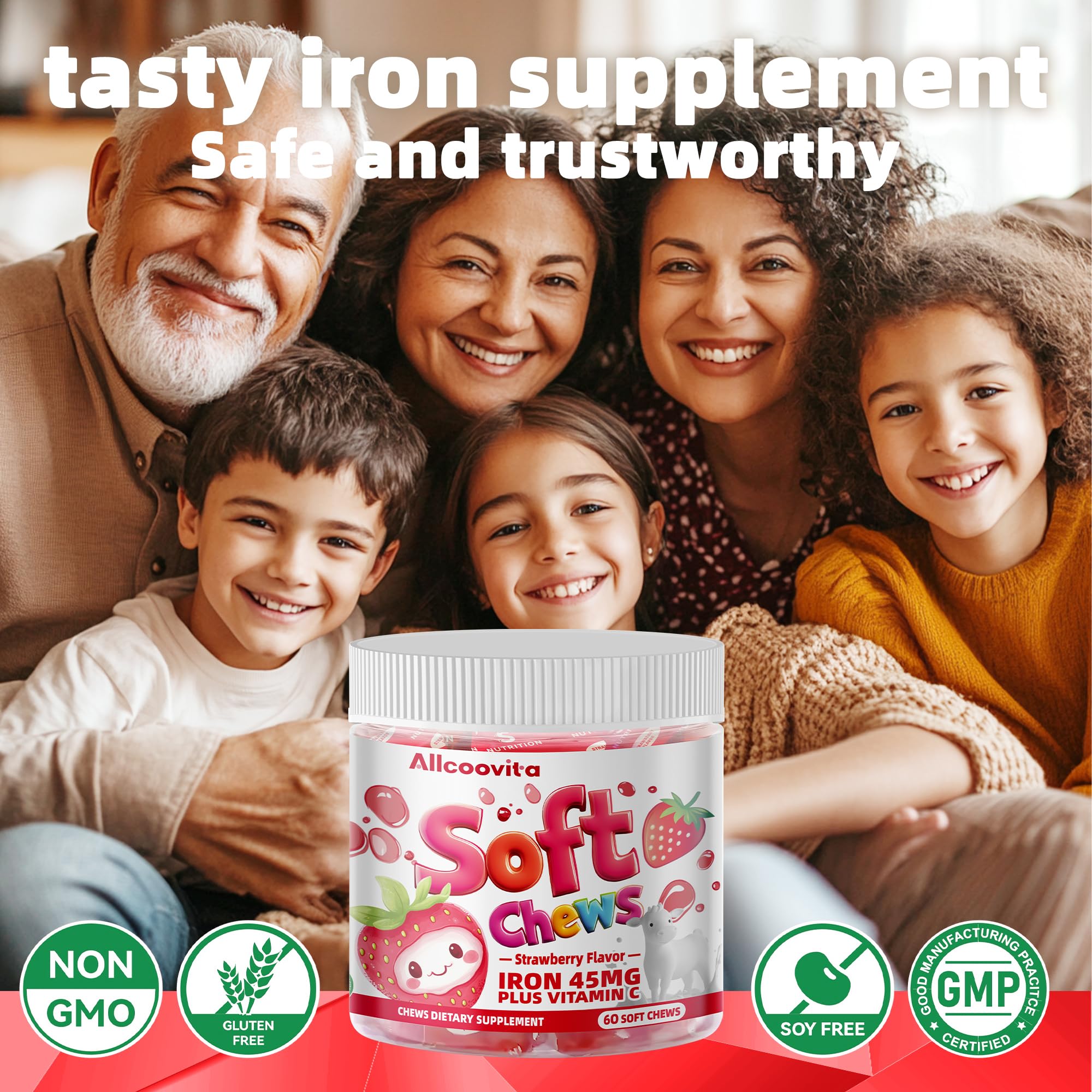 Allcoovita Iron Soft Chews strawberry packaging highlights gluten-free option for families.