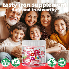 Allcoovita Iron Soft Chews strawberry packaging highlights gluten-free option for families.