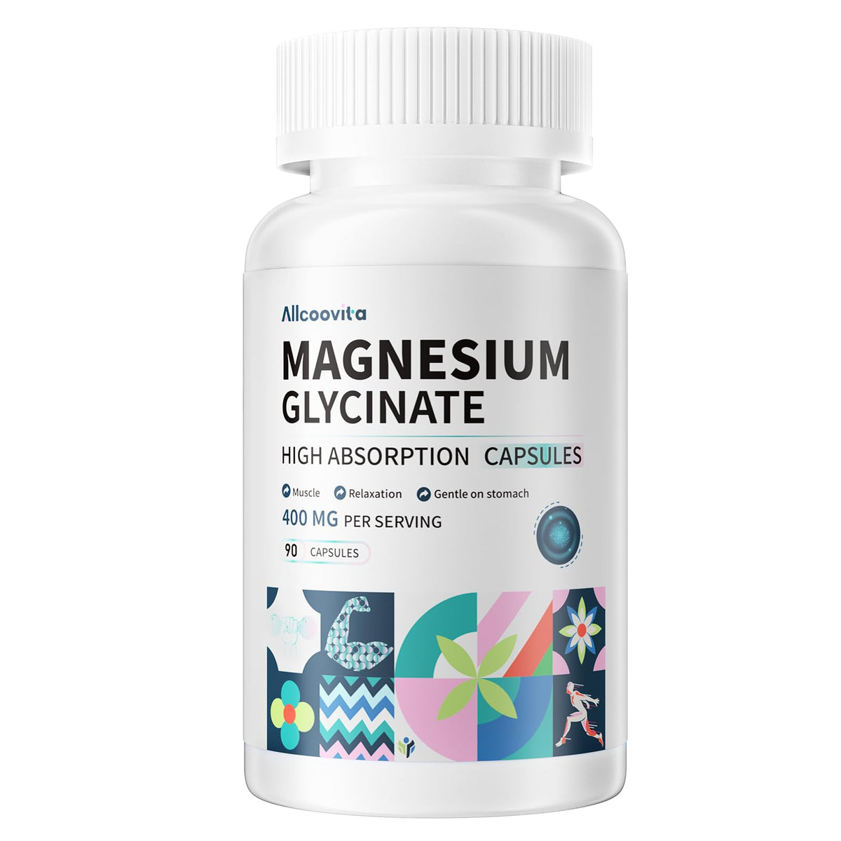 Allcoovita Magnesio Glicinato 400 mg en bote para uso diario y absorción suave.