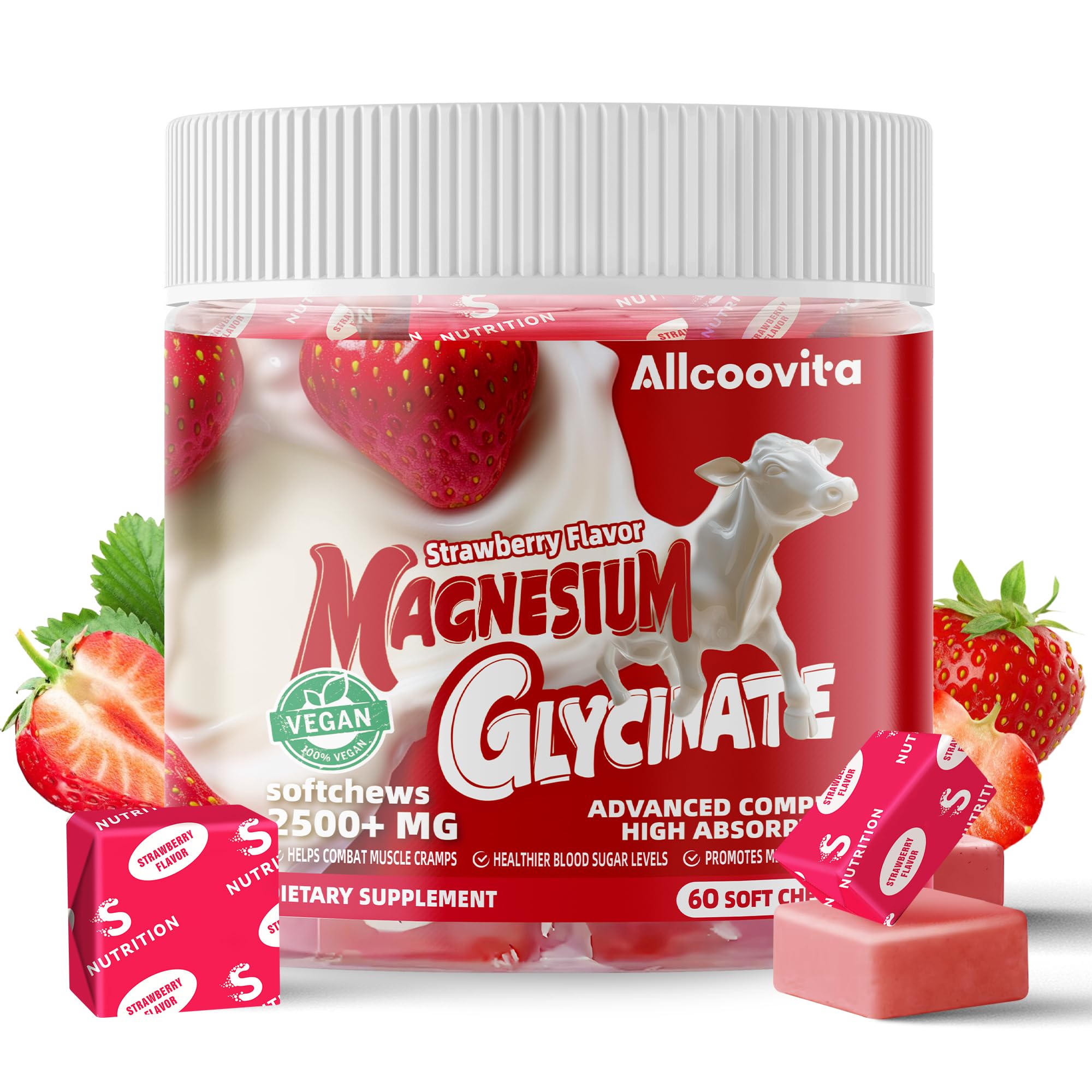 Allcoovita masticables de magnesio glicinato, sabor fresa, en botella.
