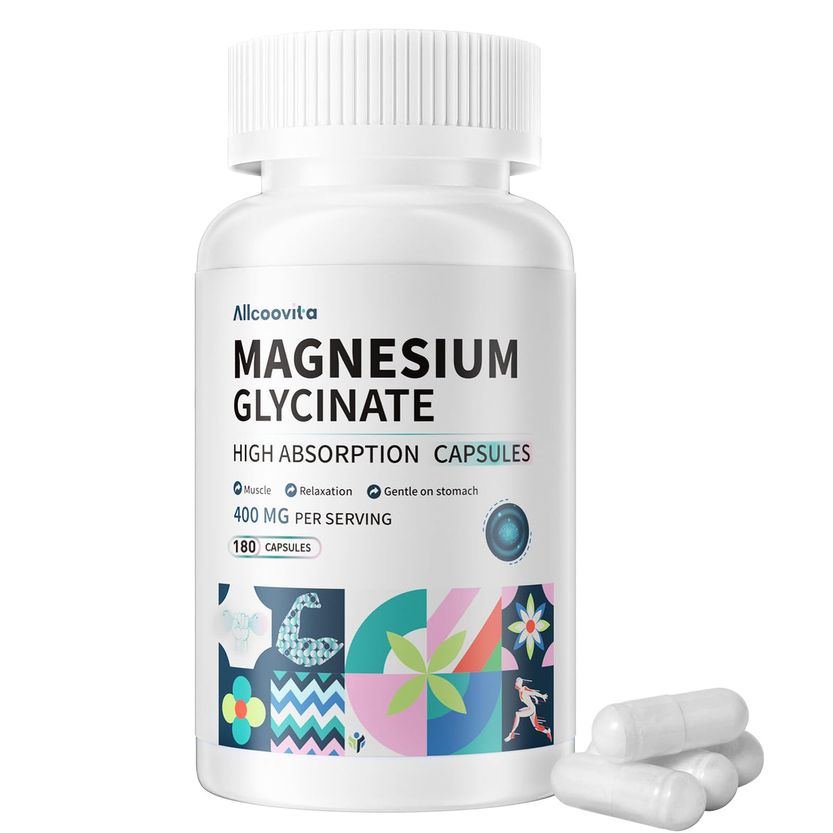 Allcoovita magnesium glycinate bottle showing 400 mg per serving for high absorption.