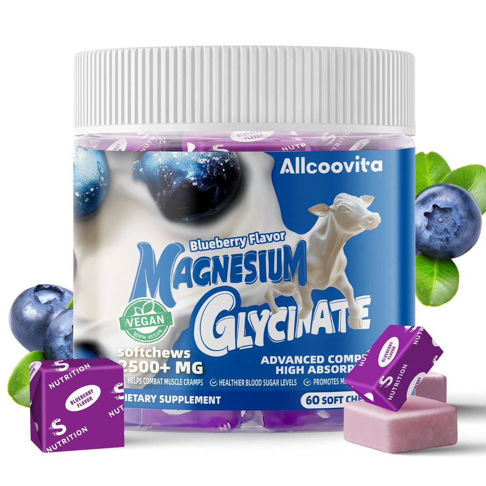 Allcoovita Magnesium Glycinate Soft Chews blueberry bottle for daily calm support.