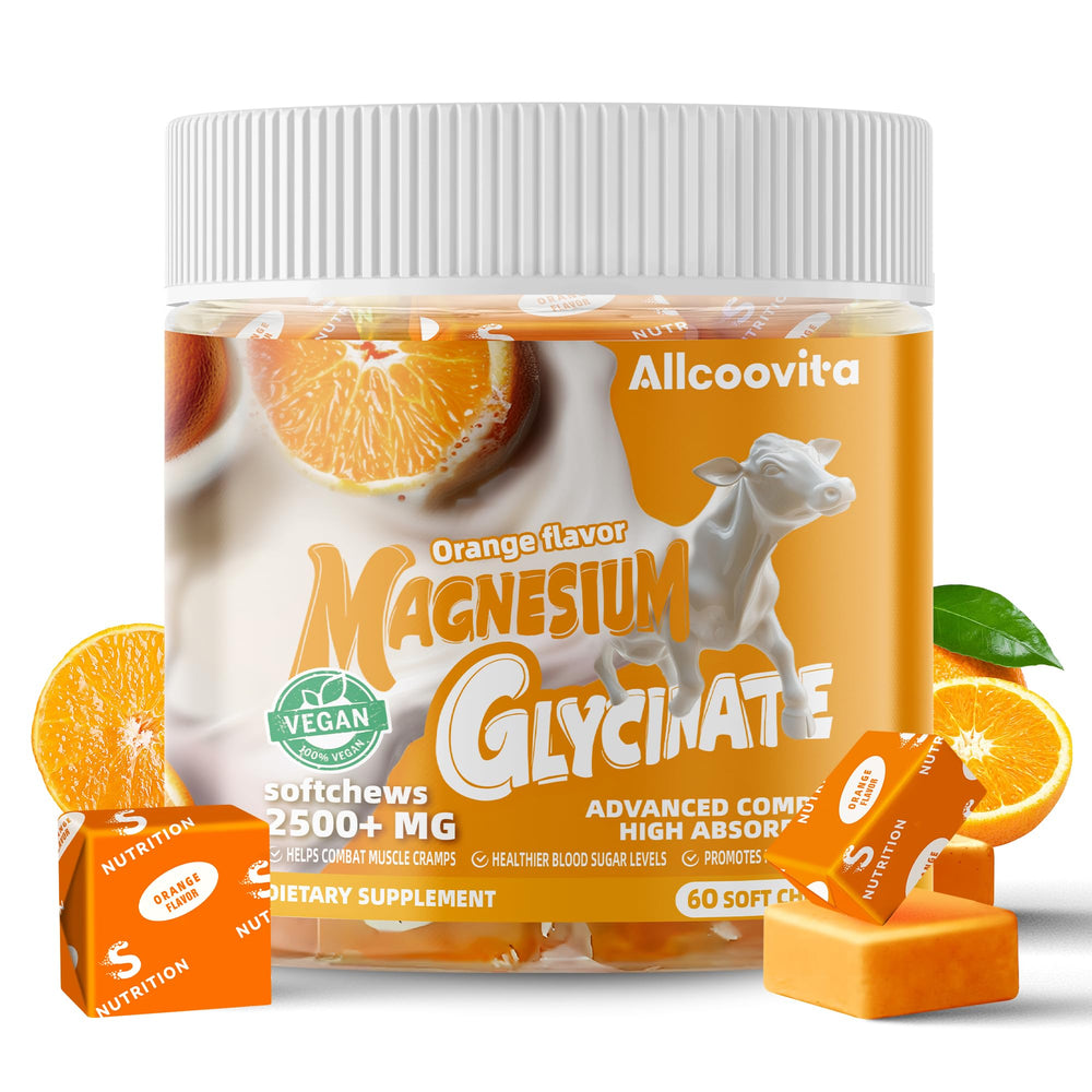 Allcoovita magnesium glycinate soft chews orange bottle for calm support.