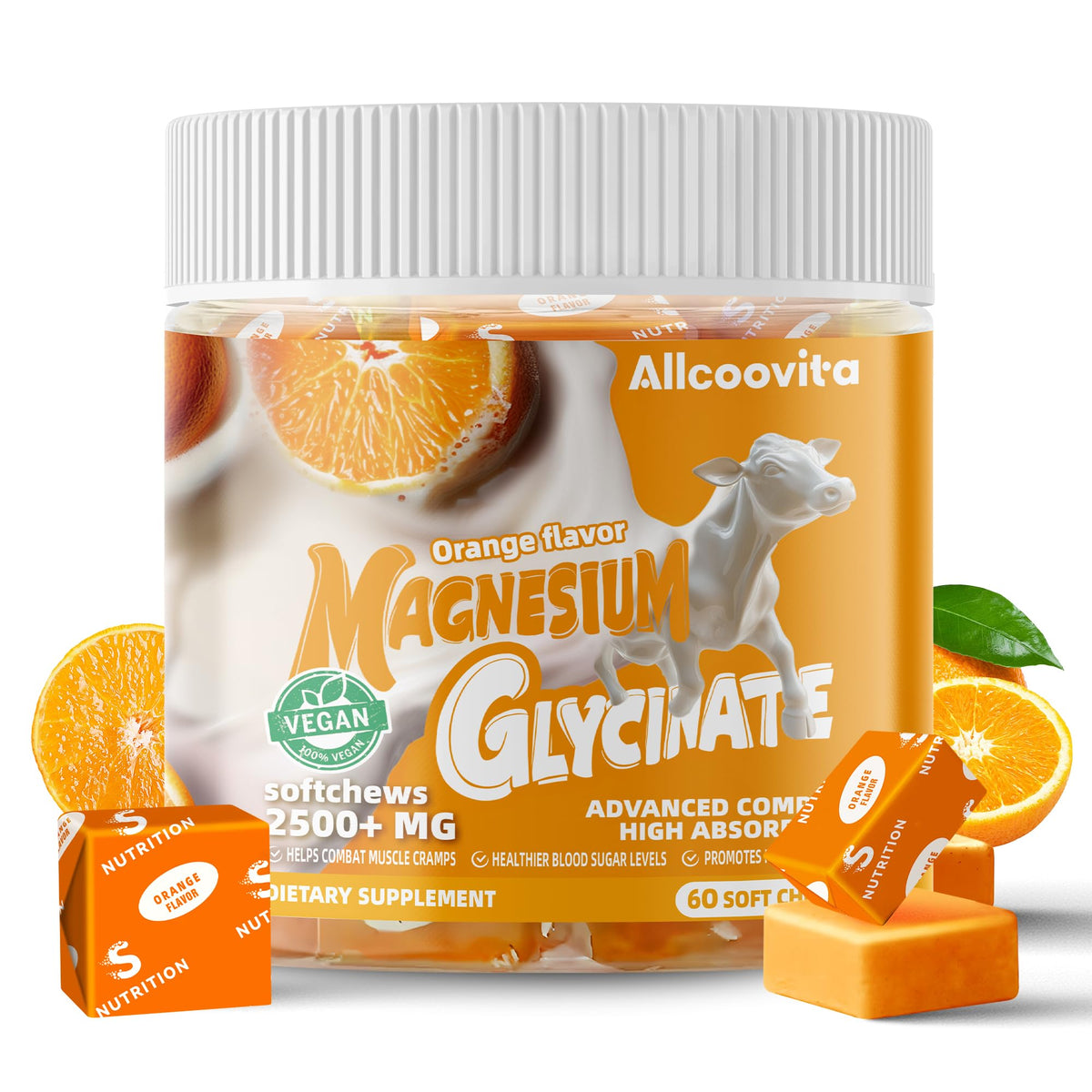 Allcoovita magnesium glycinate soft chews orange bottle for calm support.