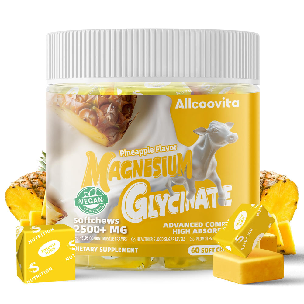 Allcoovita magnesium glycinate soft chews pineapple bottle for calm nightly support.
