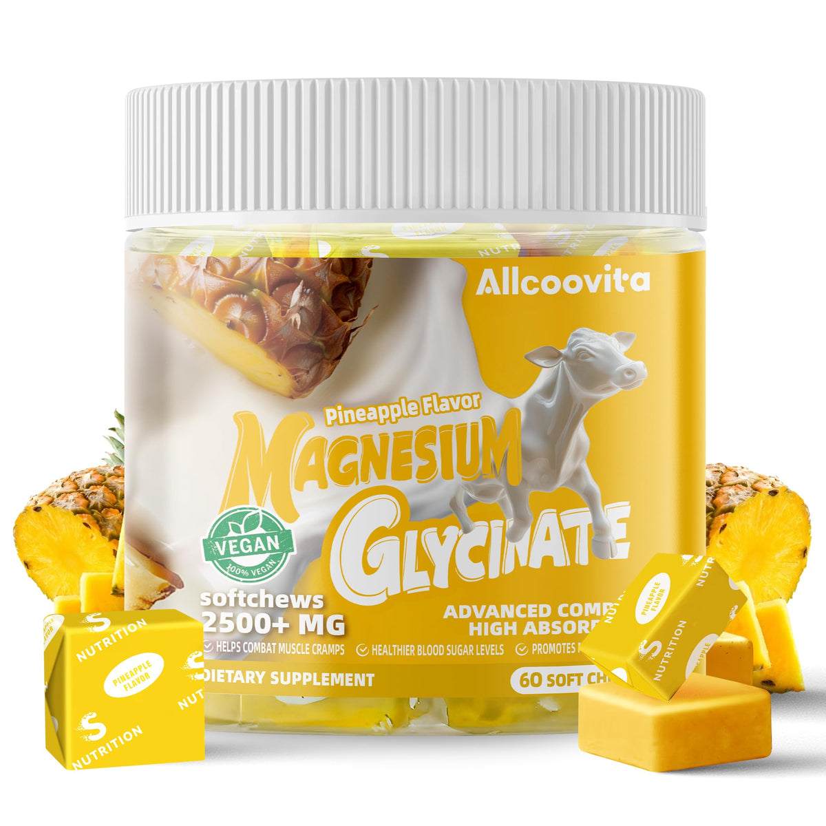 Allcoovita magnesium glycinate soft chews pineapple bottle for calm nightly support.