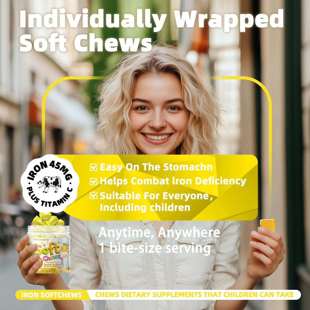 Allcoovita On-The-Go Wrapped Chews: individually wrapped for travel-friendly daily iron.