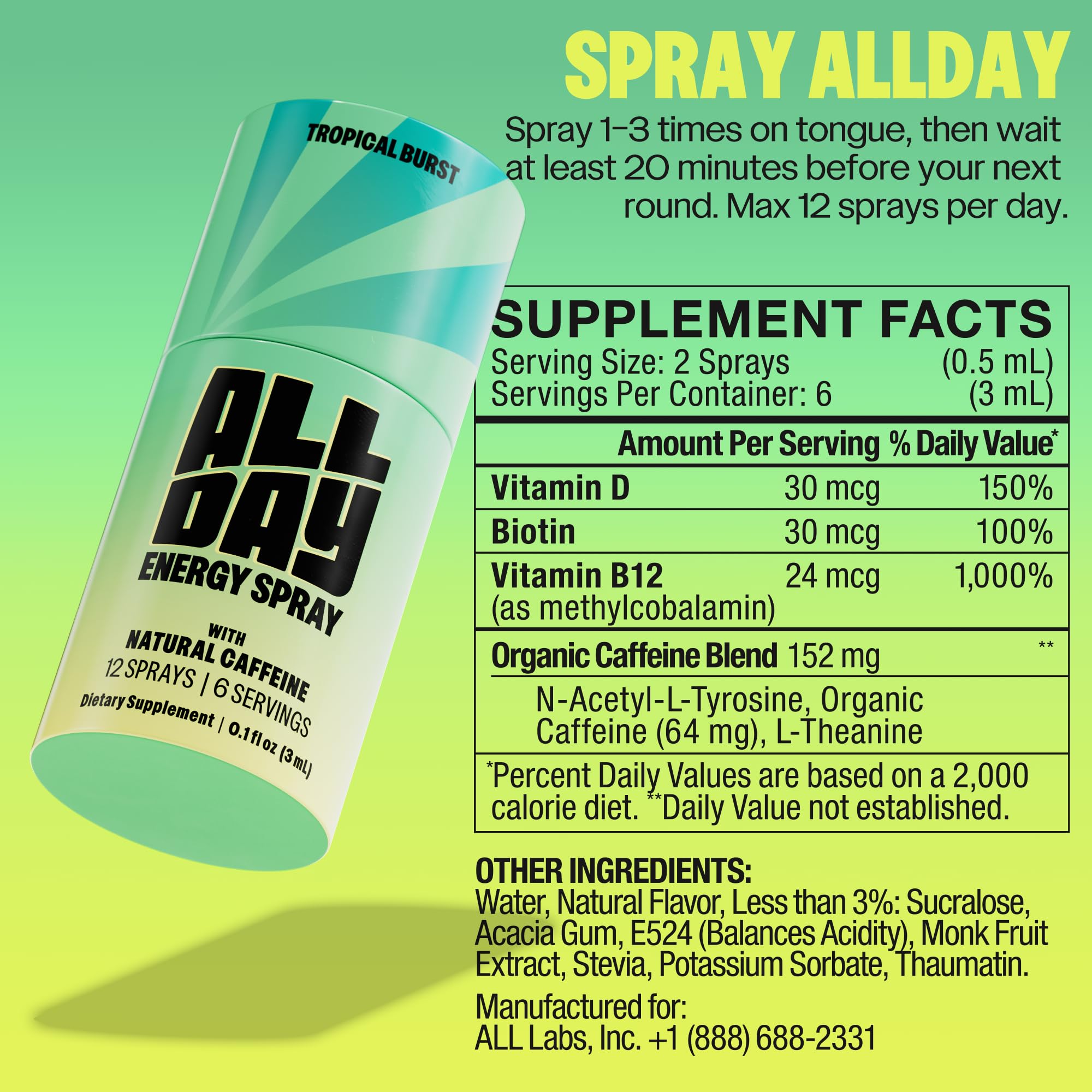 ALLDAY caffeine spray application shows easy misting for a quick focus boost.