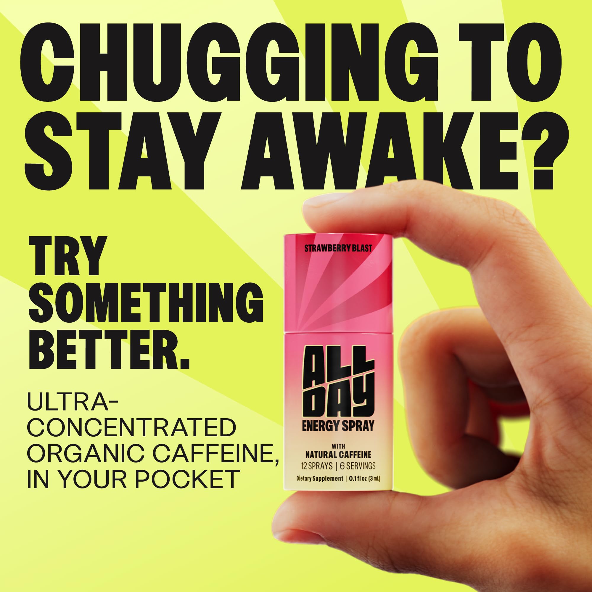 ALLDAY caffeine spray pocket-ready supports energy on the go during travel and commutes.