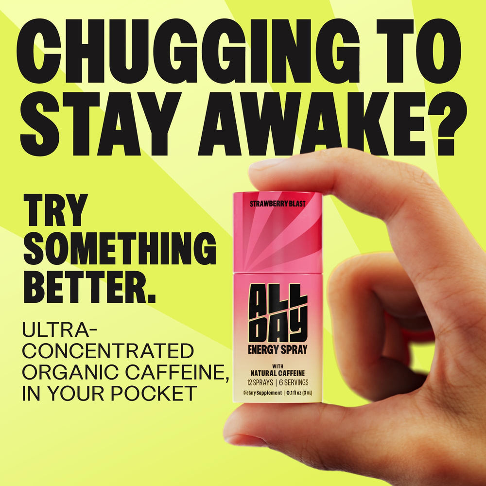 ALLDAY caffeine spray pocket-ready supports energy on the go during travel and commutes.