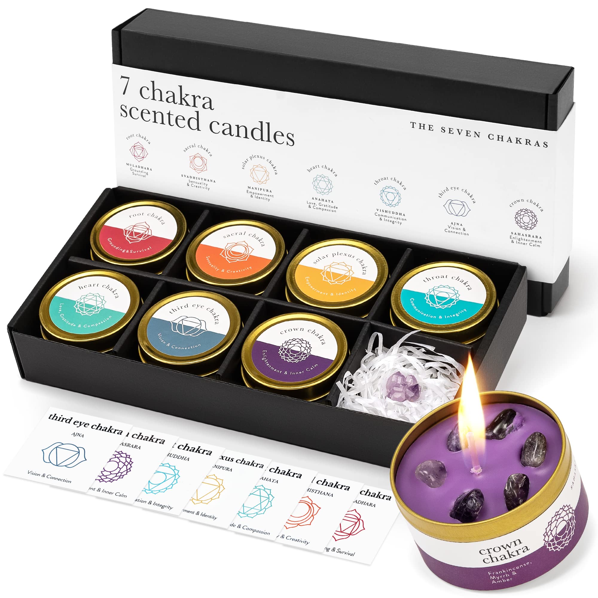 Allegorie Chakra Candle Box with seven chakra crystals inside for mindful rituals.