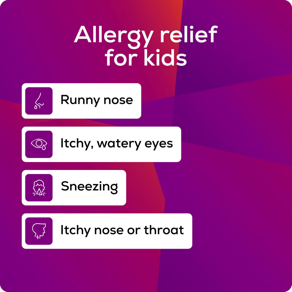 Allegra 12-hour relief graphic highlights fast, non-drowsy allergy support for kids.