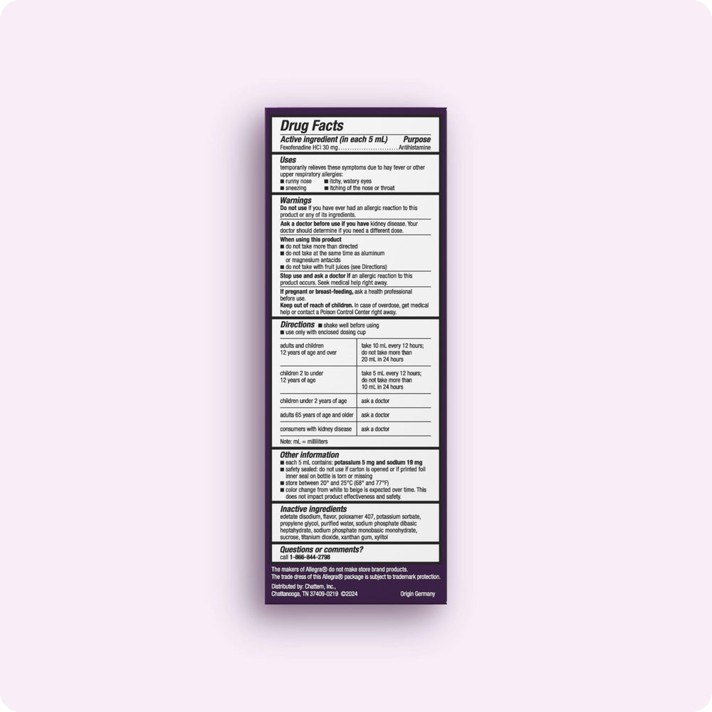 Allegra Children berry liquid dosing shows a smooth measure for long-lasting relief.