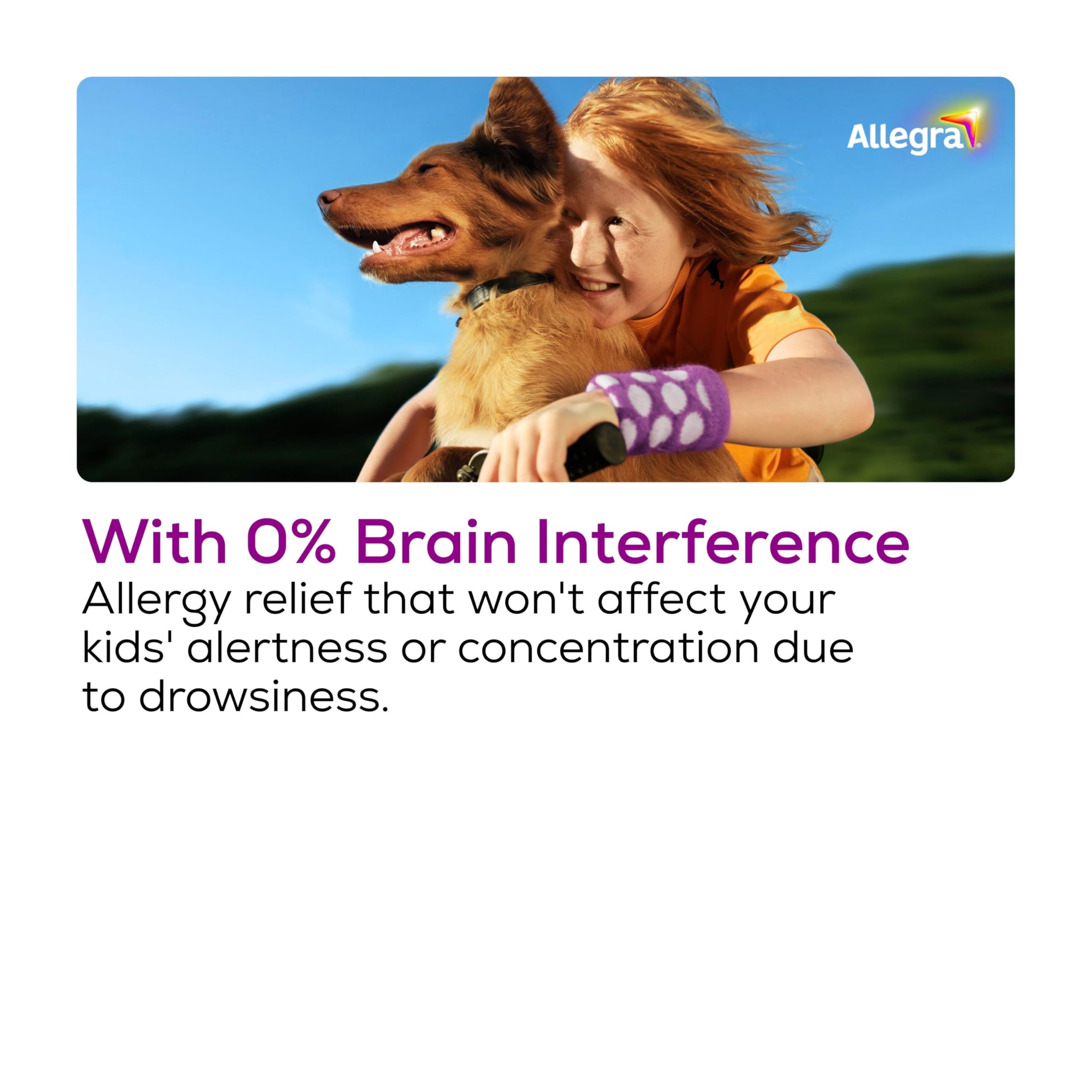 Allegra non-drowsy label emphasizes daytime activity without sleepiness for children.