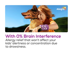 Allegra non-drowsy label emphasizes daytime activity without sleepiness for children.