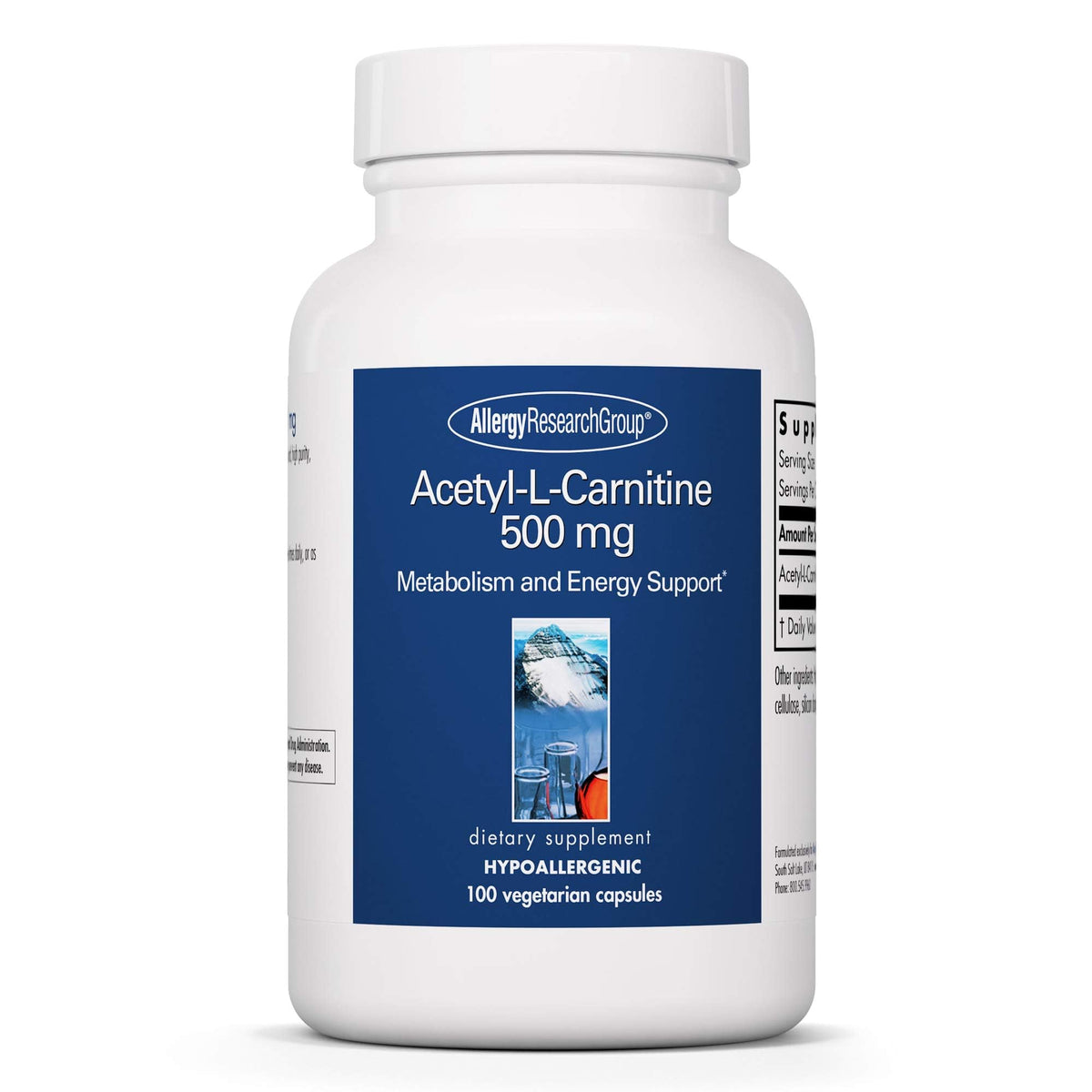 Allergy Research Group Acetyl-L-Carnitine 500mg bottle supports energy metabolism.