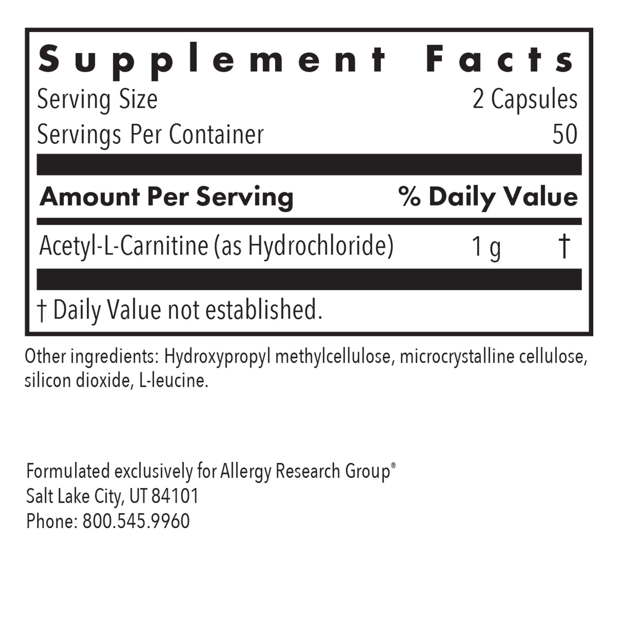 Allergy Research Group Acetyl-L-Carnitine 500mg capsules closeup free-form amino acid benefits.