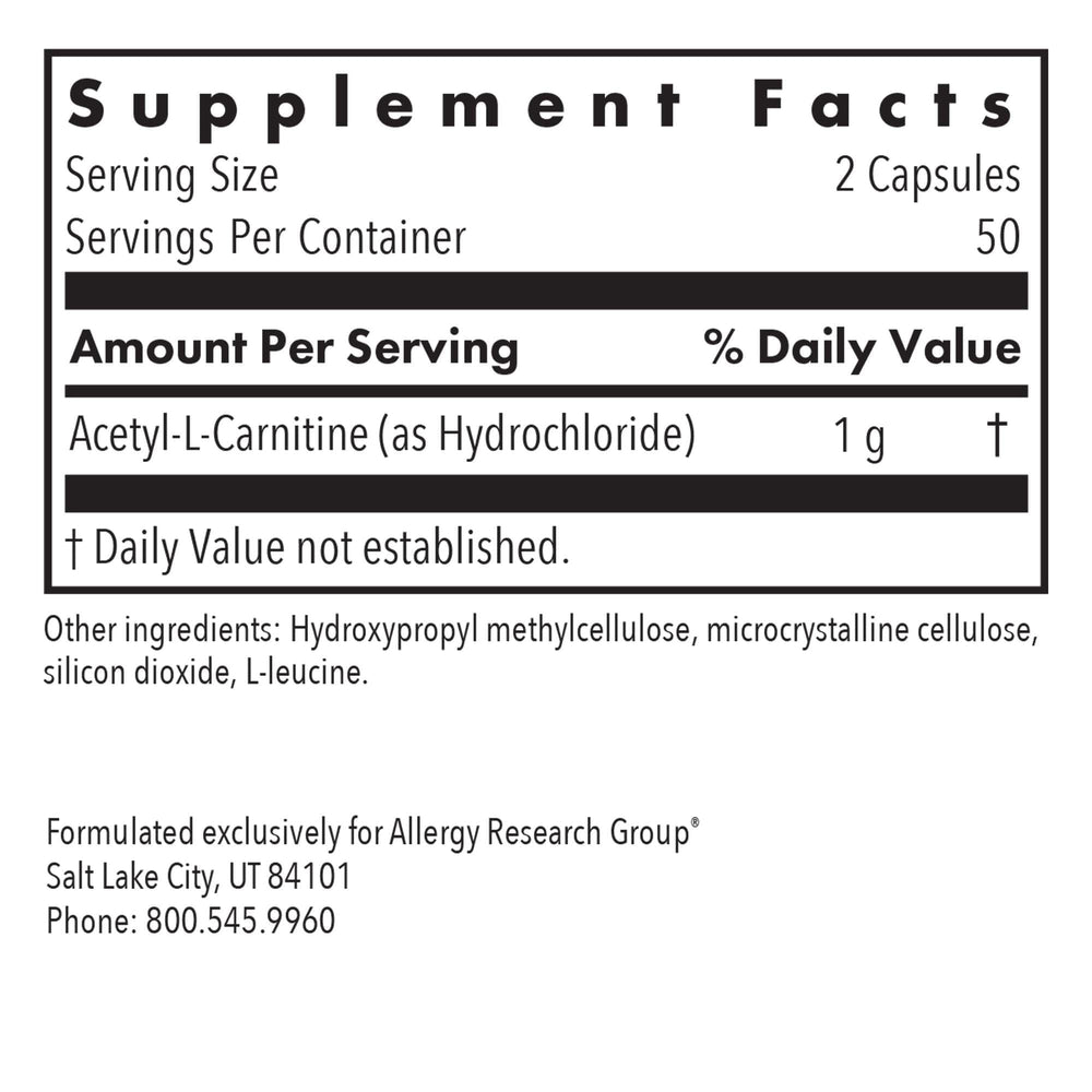 Allergy Research Group Acetyl-L-Carnitine 500mg capsules closeup free-form amino acid benefits.